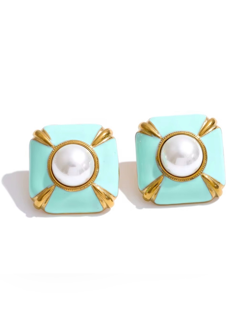 Turquoise Enamel Pearl Stud Earrings | Gold Plated Vintage Statement Earrings